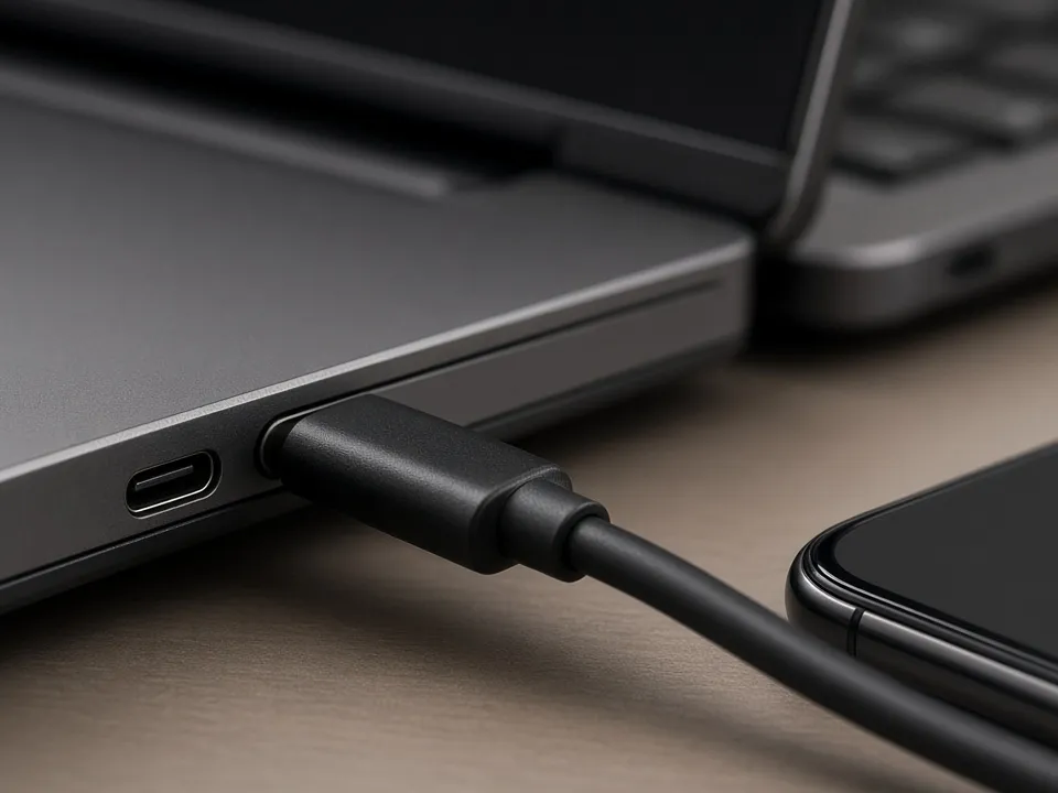 USB-Kabel verbindet ein Smartphone mit einem Laptop, Nahaufnahme ohne Markenlogos