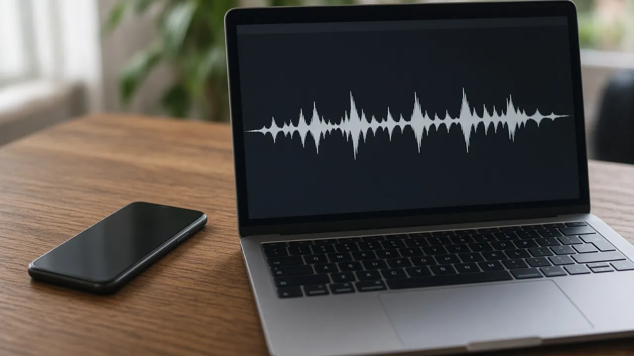 iPhone liegt neben einem Laptop auf einem Schreibtisch, auf dem Bildschirm eine abstrakte Audiowellenform
